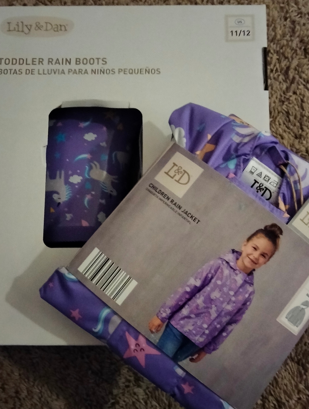 Purple Kids' Raincoat with Unicorn Print coat Size 6 Boots 11/12 New